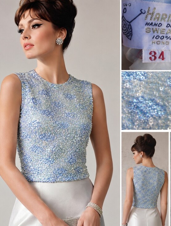 Vintage Tops - VTG 60s Hand Beaded Blue Sequin Wool Party Evening blouse sleeveless Top S M
